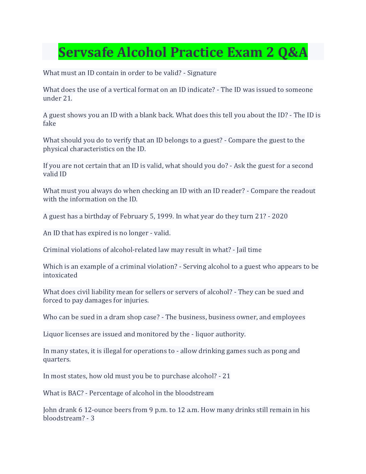 Servsafe Alcohol Practice Exam 2 Q&A Latest Update Browsegrades